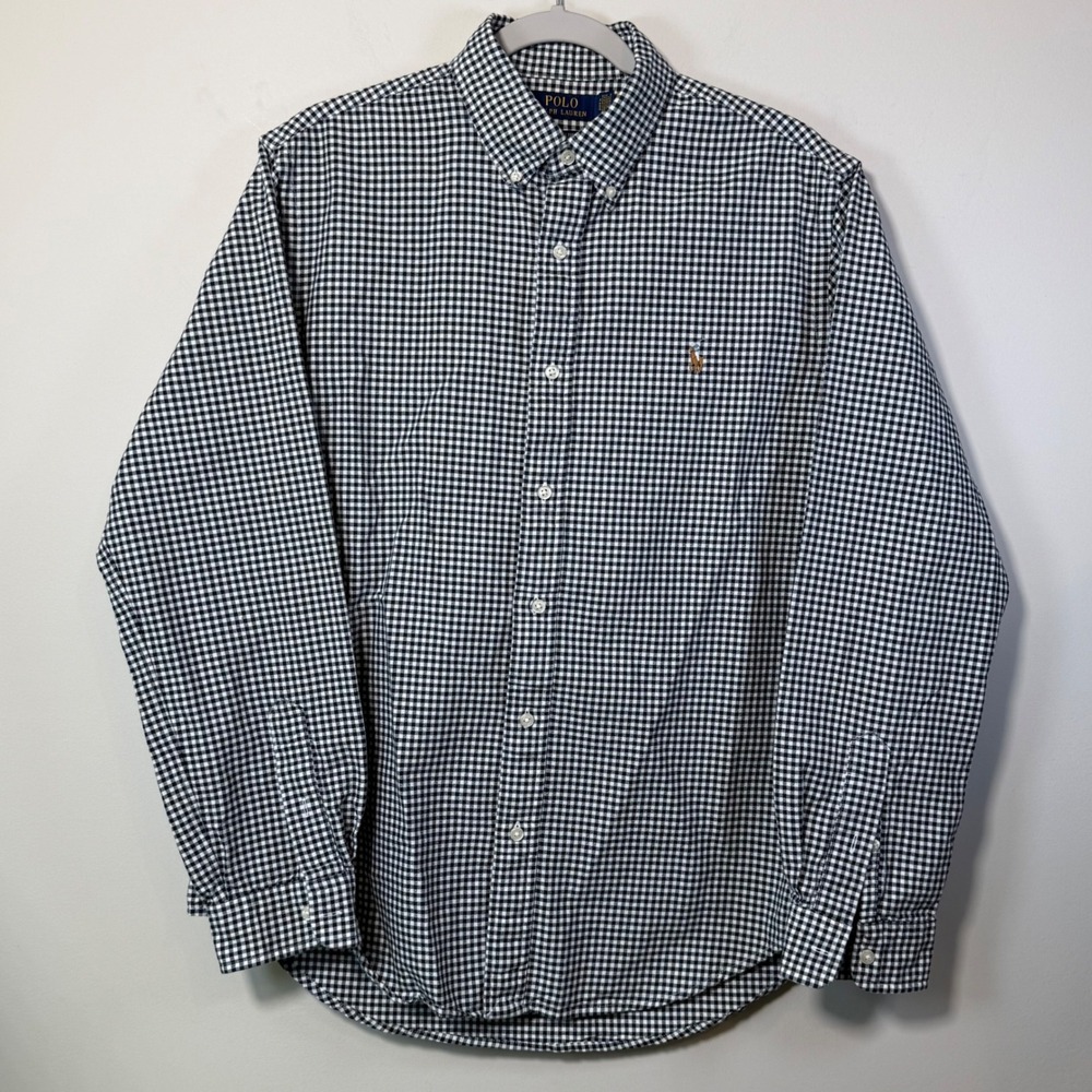 Polo Ralph Lauren Button Down Mens L Black White Gingham Classic Fit Oxford